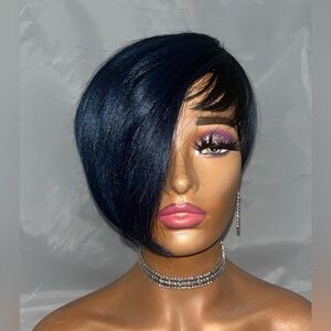 Edgy Chic Blue-Black Bob – Slanted Cut, Sleek Pixie Wig